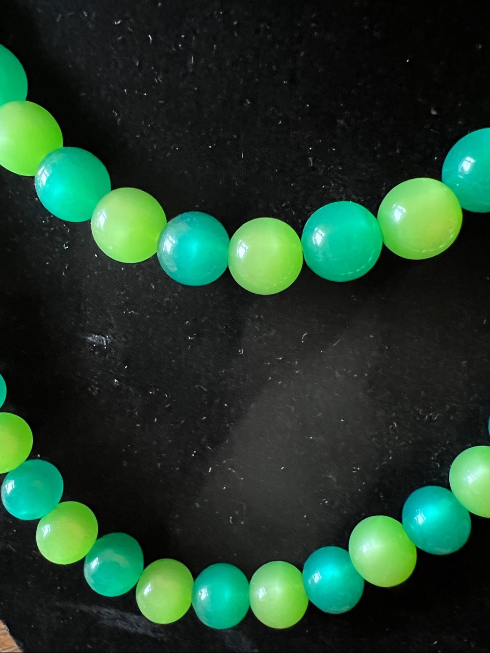 Vintage Green & Teal Green Germany Moonglow single strand necklace 30”